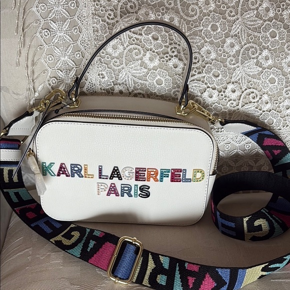 NWT Karl Lagerfeld Simone Lunchbox Double zip Crossbody Bag pebble white leather - Picture 15 of 17
